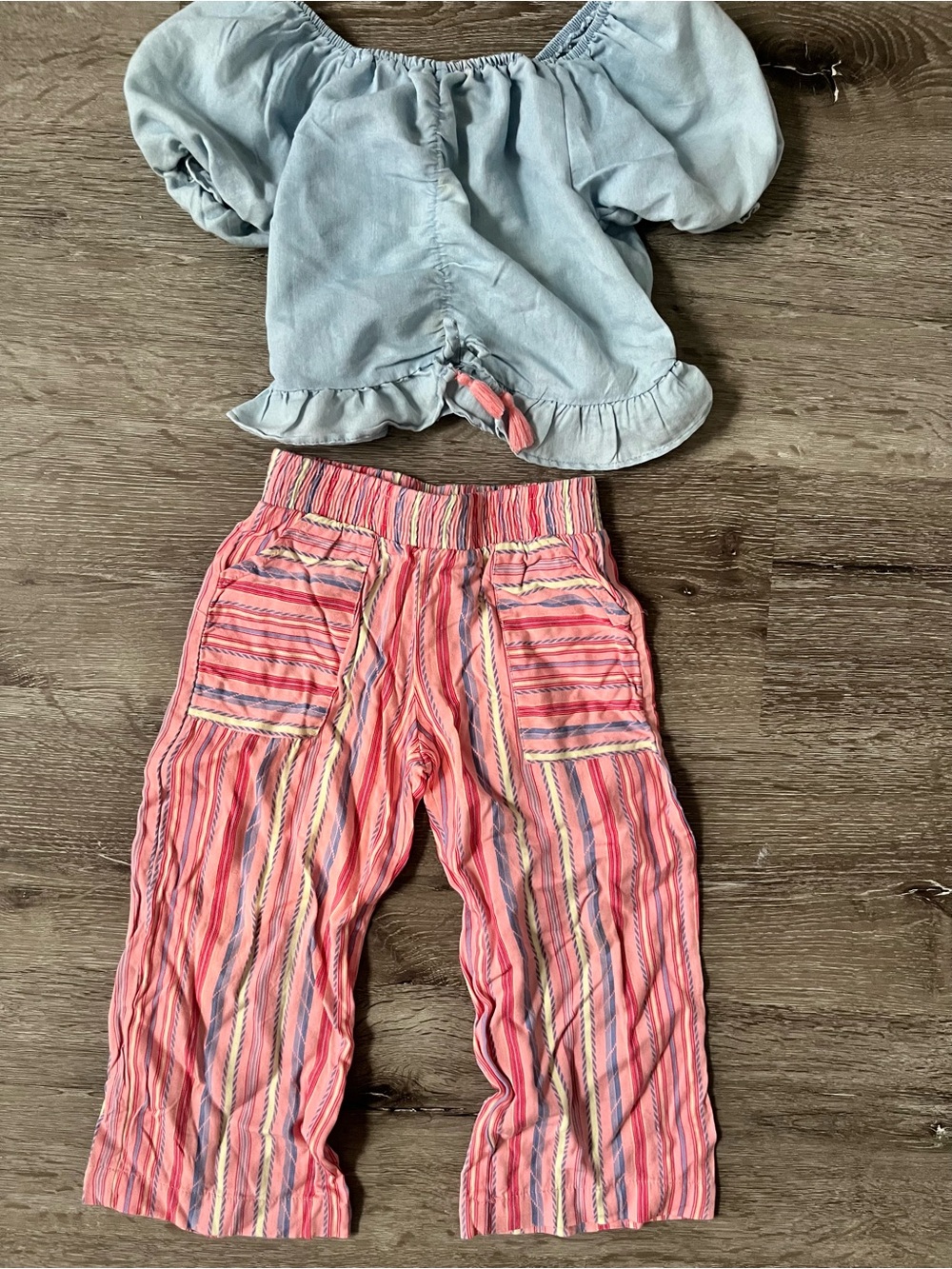 Vince Camuto Girls Blue Peasant Top & Pink Multi-Stripe Pants Matching Set